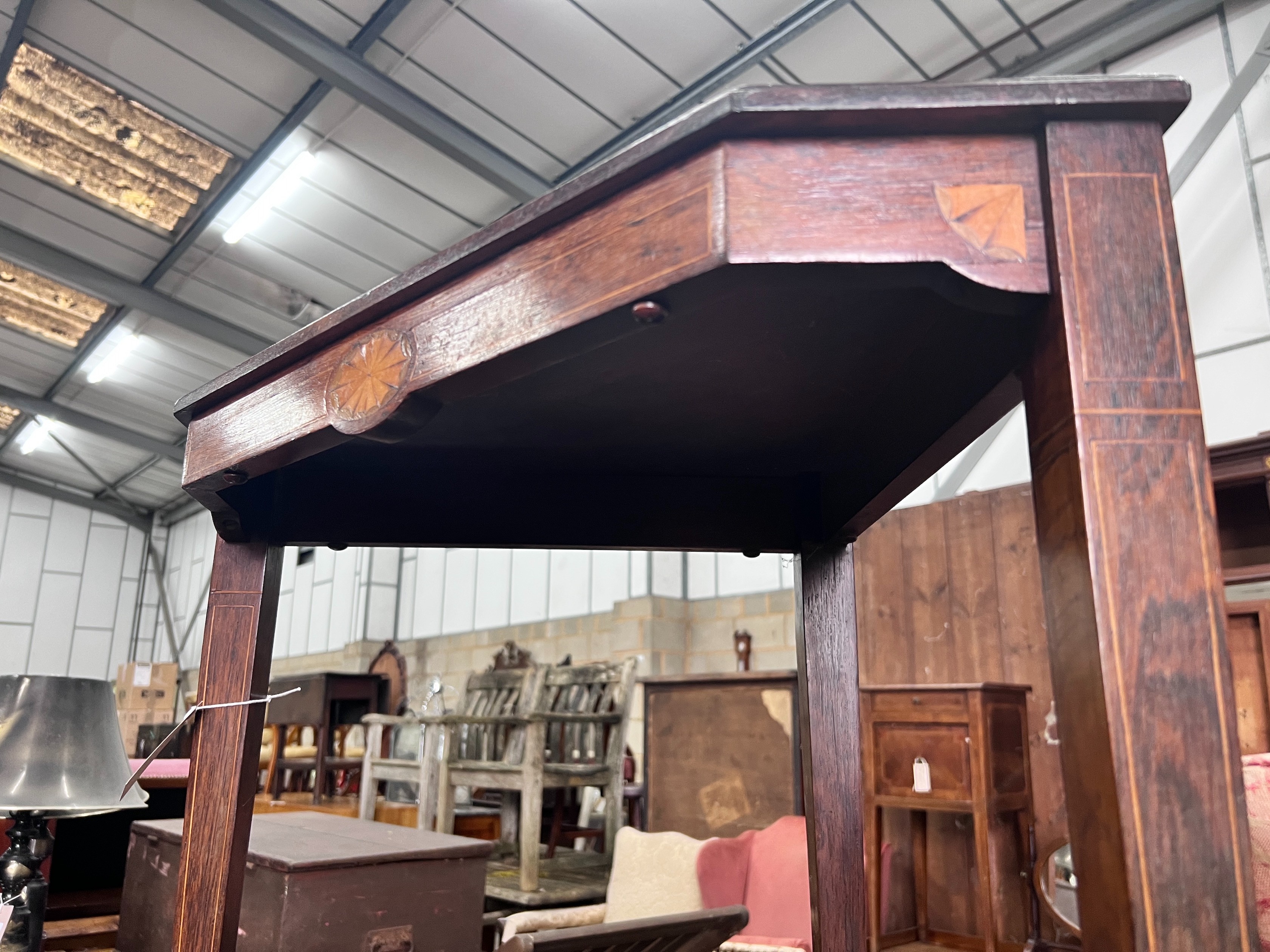 An Edwardian marquetry and rosewood corner table, width 69cm *Please note the sale commences at 9am.